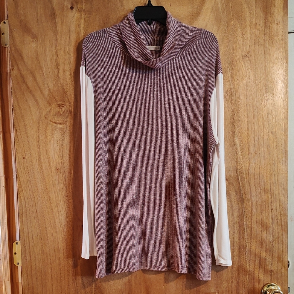 Sweet Journey Ribbed Mixed Media Turtleneck Top Marled Burgundy Cream Sleeves 2X
